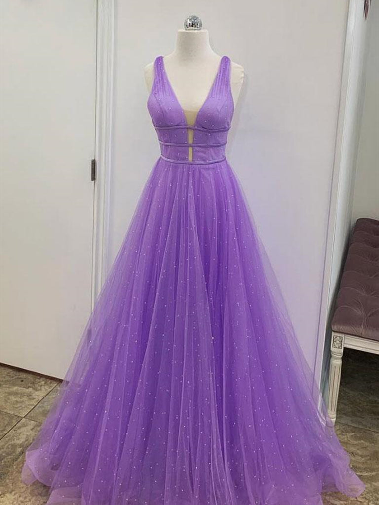 V Neck Floor Length Purple Prom Dresses ...